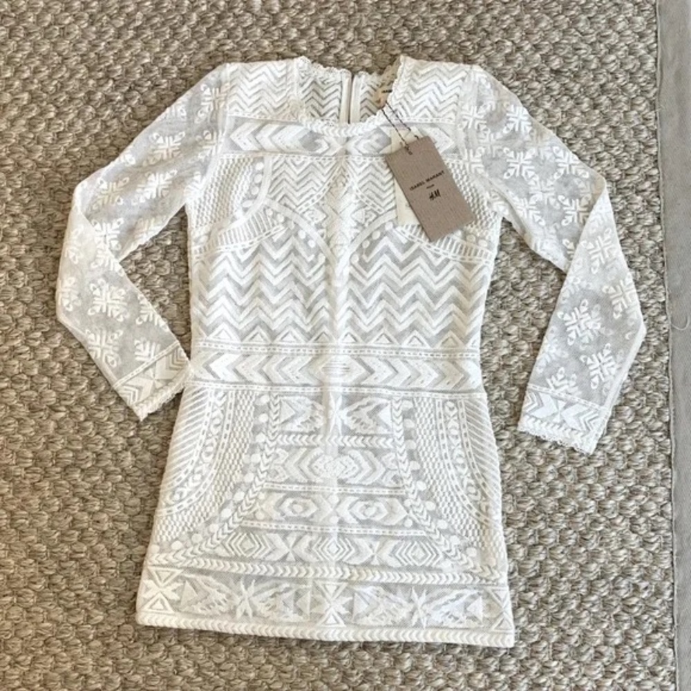 Isabel Marant x H&M Top White Lace Embroidered Tunic Long Sleeve Back Zip Size 6